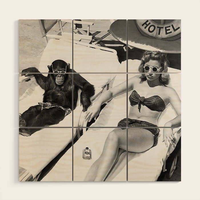 Lady and Chimp Sunbathing, Black and White, Vintage Art Wood Wall Art Gallery Image 1