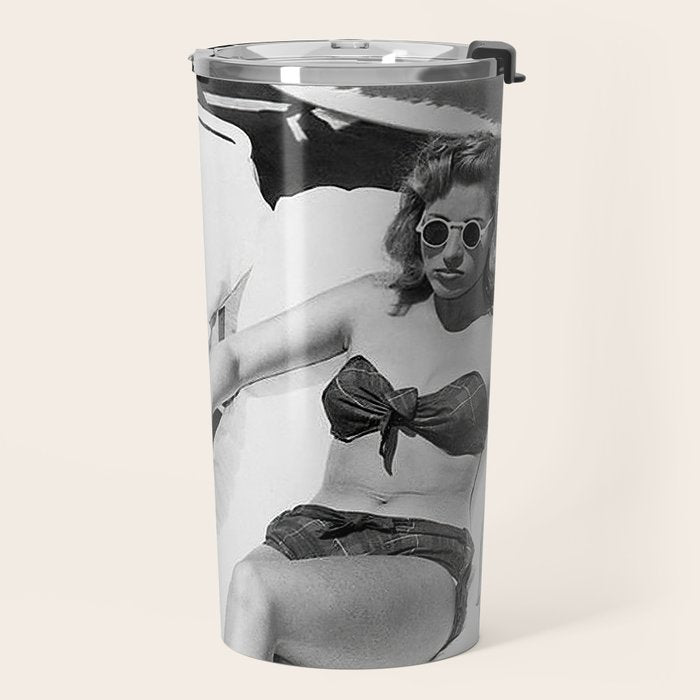 Lady and Chimp Sunbathing, Black and White, Vintage Art Travel Mug Gallery Image 2