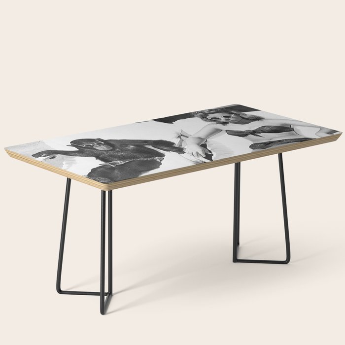 Lady and Chimp Sunbathing, Black and White, Vintage Art Coffee Table Gallery Image 1
