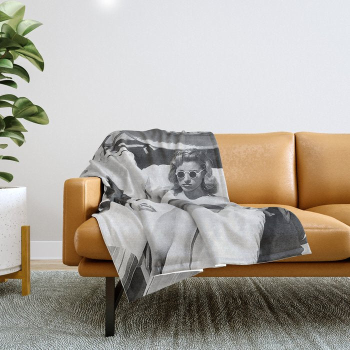 Lady and Chimp Sunbathing, Black and White, Vintage Art Throw Blanket Gallery Image 1