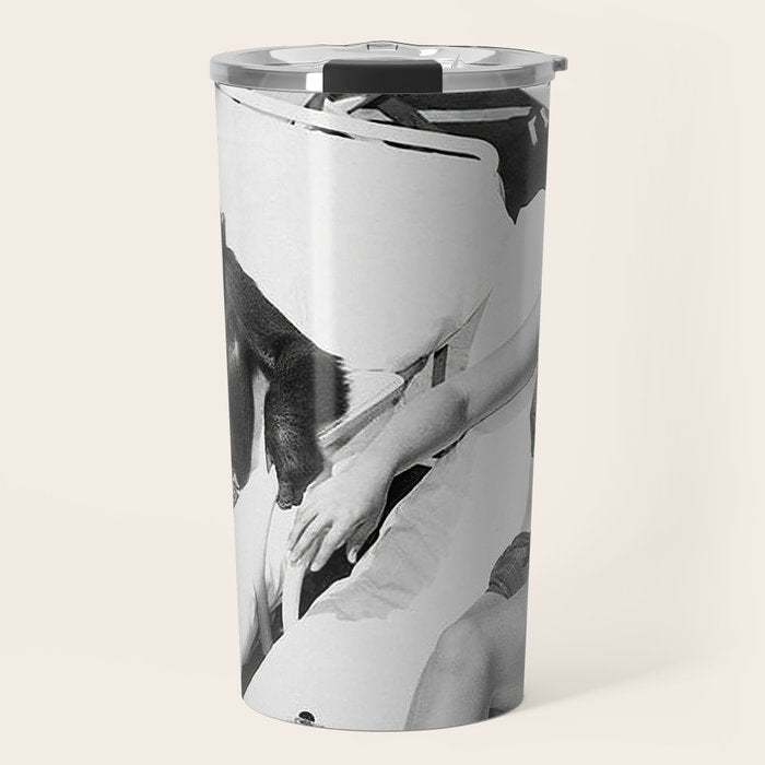 Lady and Chimp Sunbathing, Black and White, Vintage Art Travel Mug Gallery Image 1