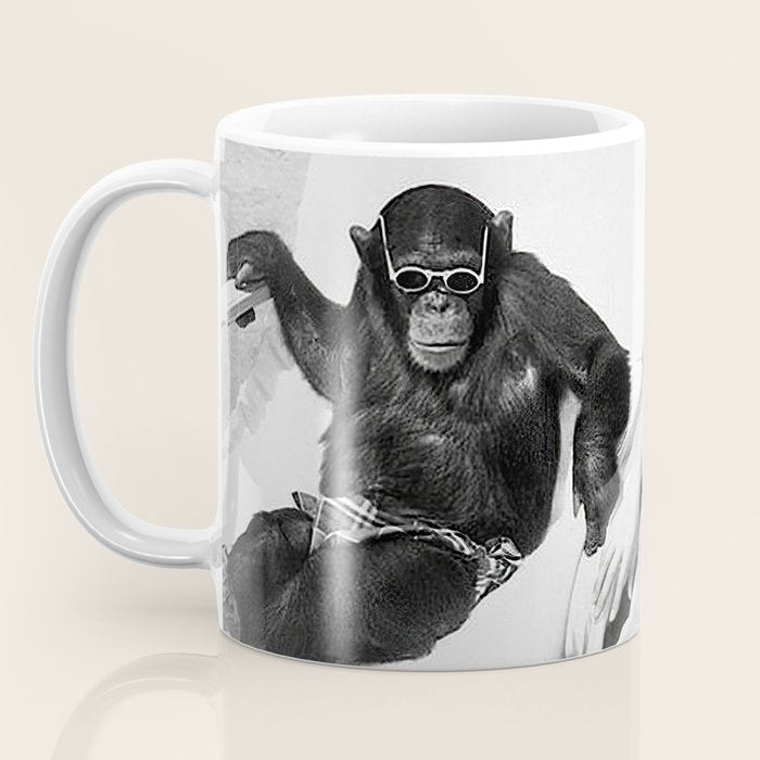Lady and Chimp Sunbathing, Black and White, Vintage Art Coffee Mug Gallery Image 3