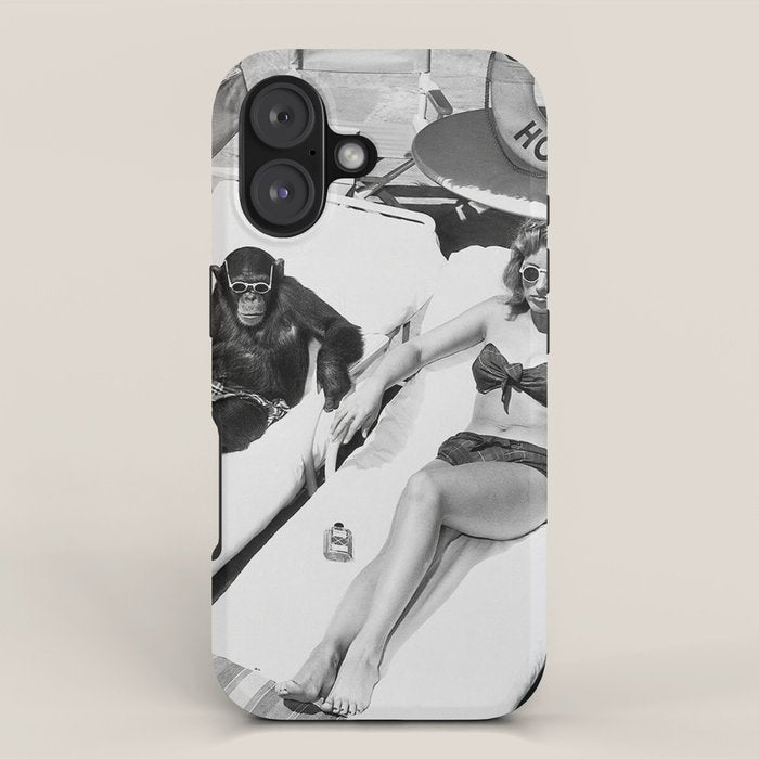 Lady and Chimp Sunbathing, Black and White, Vintage Art iPhone Case Gallery Image 1