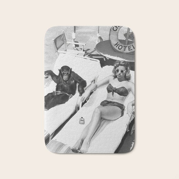 Lady and Chimp Sunbathing, Black and White, Vintage Art Bath Mat