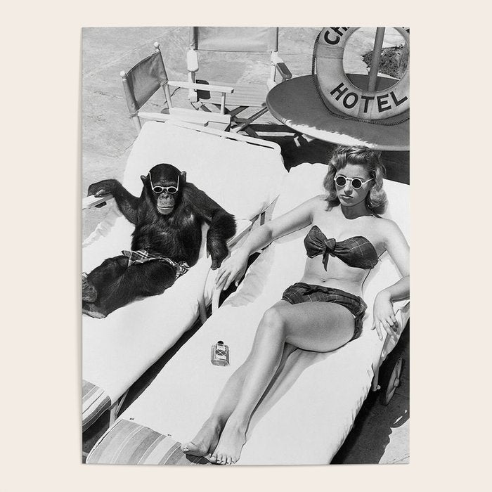 Lady and Chimp Sunbathing, Black and White, Vintage Art Poster Gallery Image 1