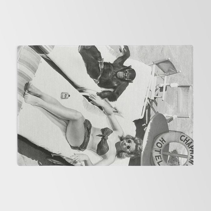 Lady and Chimp Sunbathing, Black and White, Vintage Art Rug Gallery Image 2