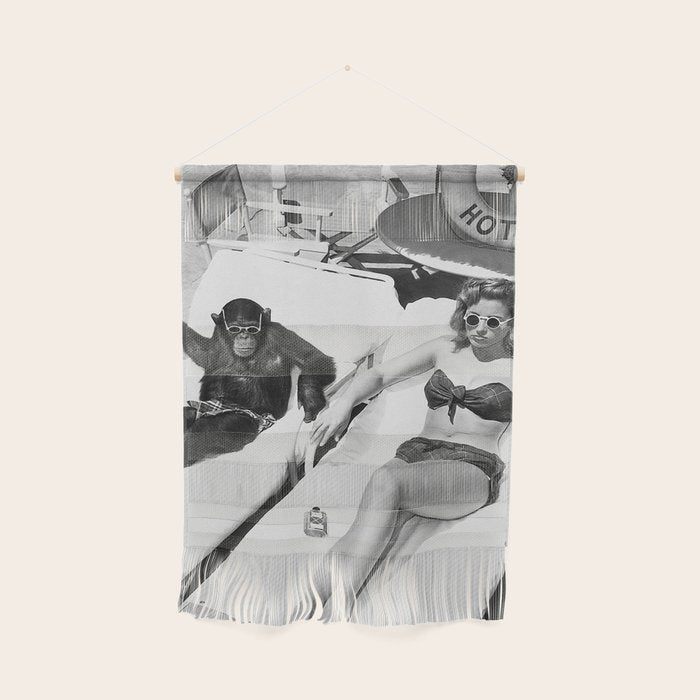 Lady and Chimp Sunbathing, Black and White, Vintage Art Wall Hanging Gallery Image 1