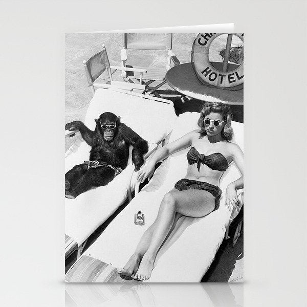 Lady and Chimp Sunbathing, Black and White, Vintage Art Stationery Card Gallery Image 2
