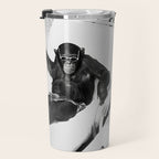 Lady and Chimp Sunbathing, Black and White, Vintage Art Travel Mug Gallery Image 3