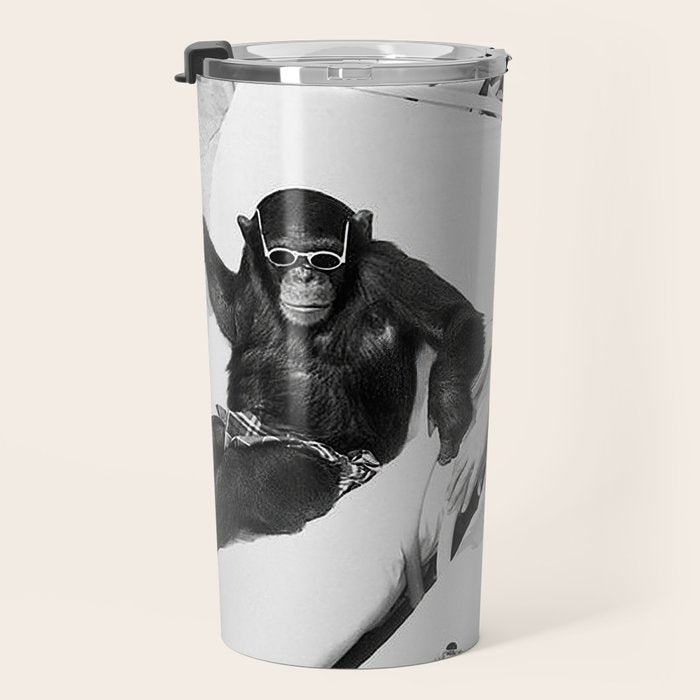 Lady and Chimp Sunbathing, Black and White, Vintage Art Travel Mug Gallery Image 3