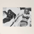 Lady and Chimp Sunbathing, Black and White, Vintage Art Welcome Mat Gallery Image 1