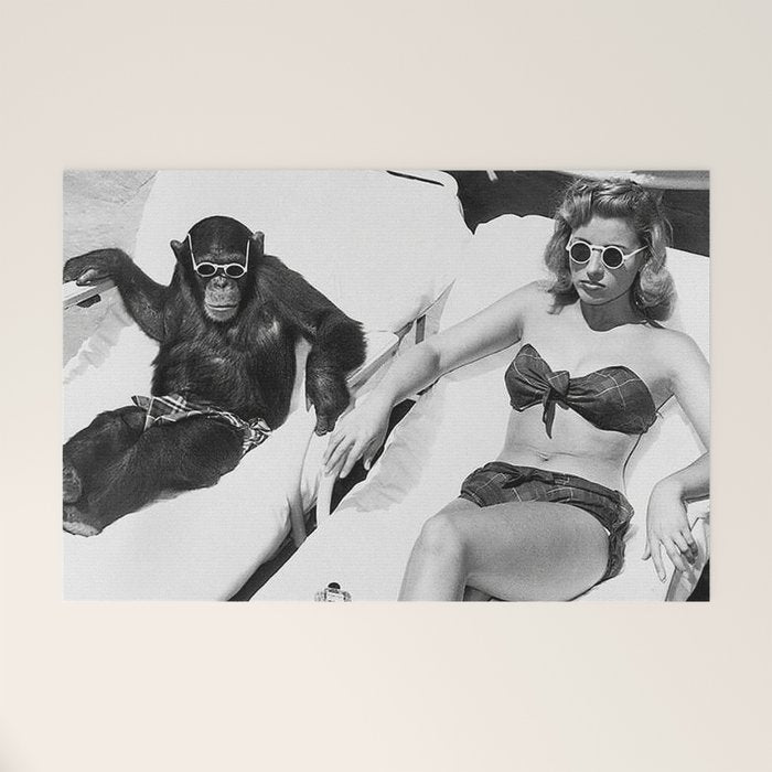 Lady and Chimp Sunbathing, Black and White, Vintage Art Welcome Mat Gallery Image 1