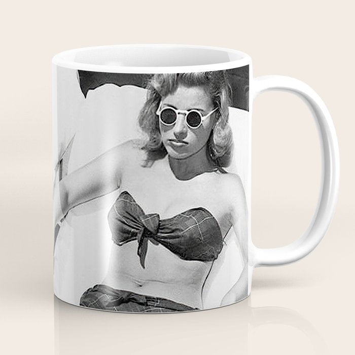 Lady and Chimp Sunbathing, Black and White, Vintage Art Coffee Mug Gallery Image 1