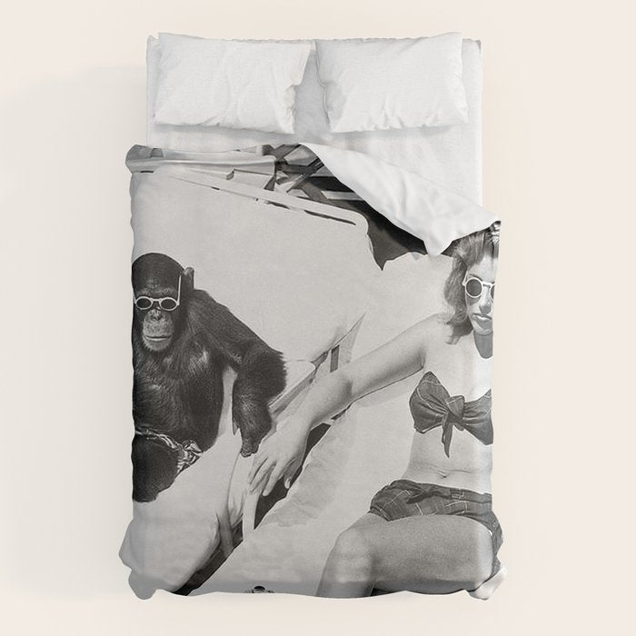 Lady and Chimp Sunbathing, Black and White, Vintage Art Duvet Cover Gallery Image 6