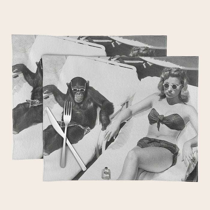 Lady and Chimp Sunbathing, Black and White, Vintage Art Placemat Gallery Image 1
