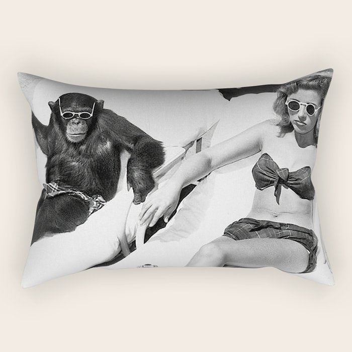 Lady and Chimp Sunbathing, Black and White, Vintage Art Rectangular Pillow Gallery Image 1