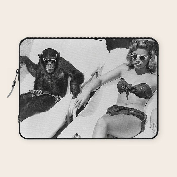 Lady and Chimp Sunbathing, Black and White, Vintage Art Laptop Sleeve Gallery Image 1