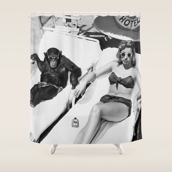 Lady and Chimp Sunbathing, Black and White, Vintage Art Shower Curtain Gallery Image 1