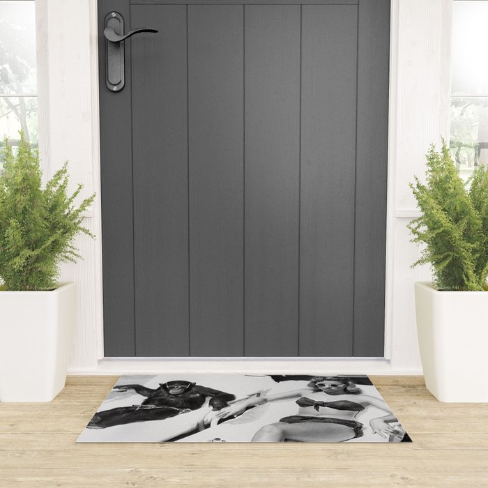 Lady and Chimp Sunbathing, Black and White, Vintage Art Welcome Mat Gallery Image 3