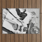 Lady and Chimp Sunbathing, Black and White, Vintage Art Outdoor Rug Gallery Image 1