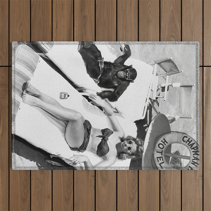 Lady and Chimp Sunbathing, Black and White, Vintage Art Outdoor Rug Gallery Image 1