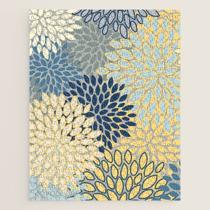Floral Print, Yellow, Gray, Blue, Teal Jigsaw Puzzle Gallery Image 1