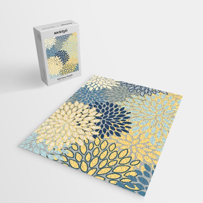 Floral Print, Yellow, Gray, Blue, Teal Jigsaw Puzzle Gallery Image 2
