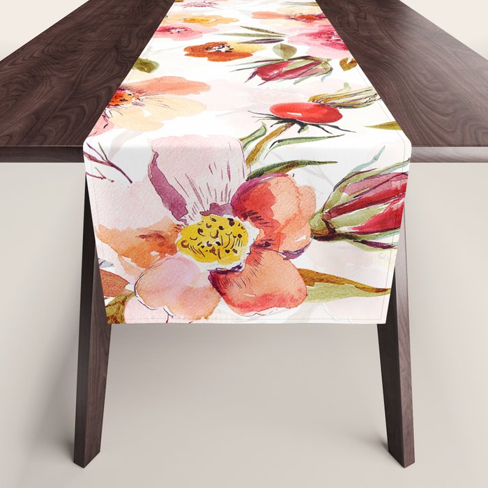 Hygge Watercolor Midsummer Dogroses Pattern  Table Runner Gallery Image 1