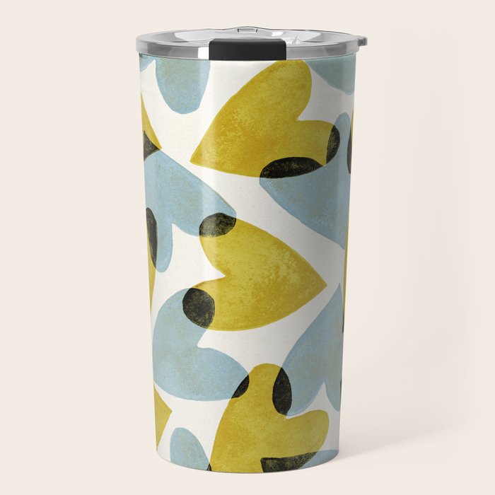 Linocut Hearts / Blue & Yellow Travel Mug Gallery Image 1