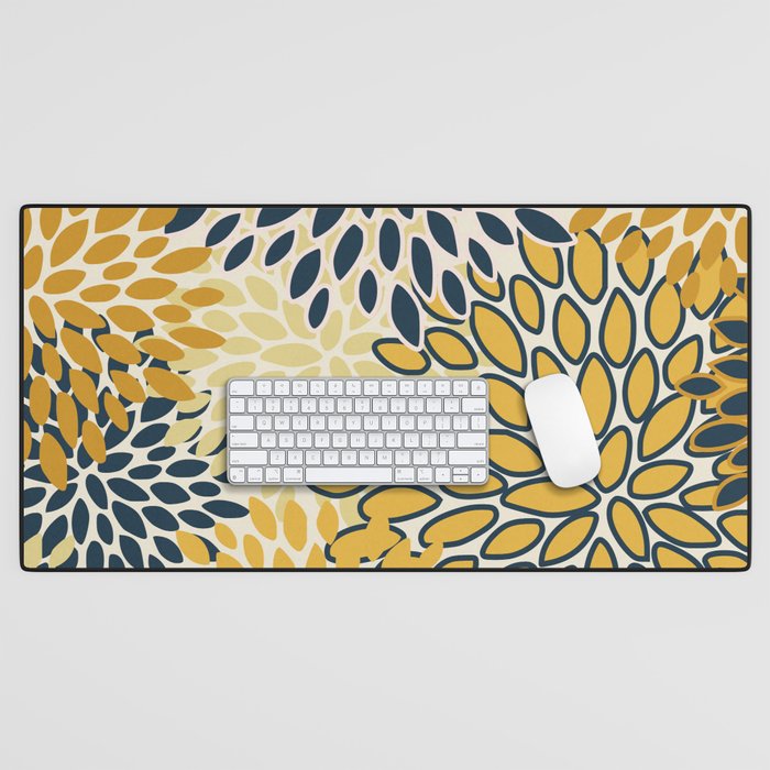 Floral Prints, Abstract Art, Navy Blue and Mustard Yellow, Desk Mat Gallery Image 1