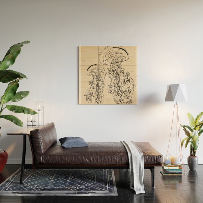 Minimal Floral Jellyfishes 1 Wood Wall Art Gallery Image 2