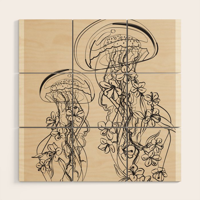 Minimal Floral Jellyfishes 1 Wood Wall Art Gallery Image 1