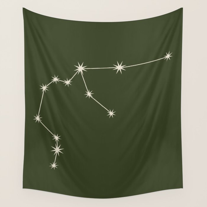 Aquarius Zodiac Star Constellation Line Art Moss Green Wall Tapestry Gallery Image 4