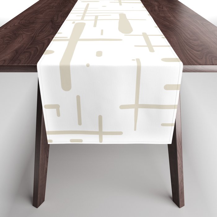 Mid-Century Modern Kinetikos Abstract Pattern in Mushroom Beige and White Table Runner Gallery Image 1