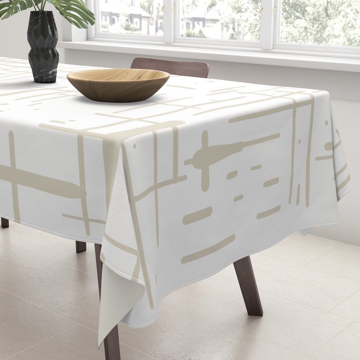 Mid-Century Modern Kinetikos Abstract Pattern in Mushroom Beige and White Tablecloth Gallery Image 3