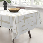Mid-Century Modern Kinetikos Abstract Pattern in Mushroom Beige and White Tablecloth Gallery Image 3