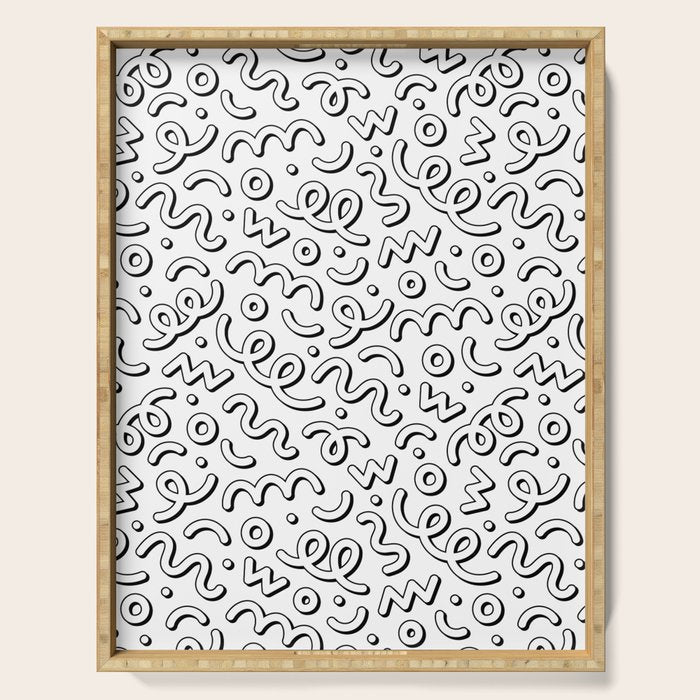 Fun black and white cartoon doodle pattern Serving Tray Gallery Image 1