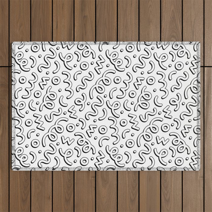 Fun black and white cartoon doodle pattern Outdoor Rug Gallery Image 1