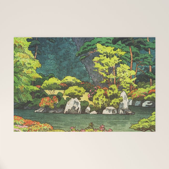 Resting at Dogo - Nature Ukiyo Landscape in Green, Orange, Red & Blue Welcome Mat Gallery Image 1