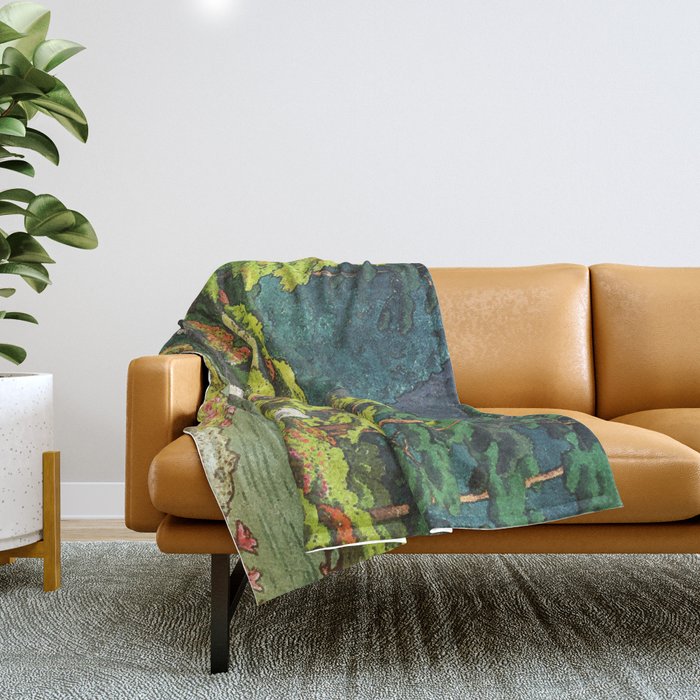 Resting at Dogo - Nature Ukiyo Landscape in Green, Orange, Red & Blue Throw Blanket Gallery Image 1