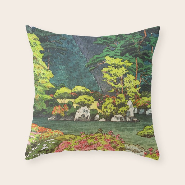 Resting at Dogo - Nature Ukiyo Landscape in Green, Orange, Red & Blue Throw Pillow Gallery Image 1