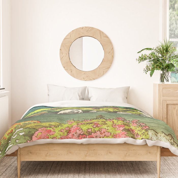 Resting at Dogo - Nature Ukiyo Landscape in Green, Orange, Red & Blue Duvet Cover Gallery Image 3