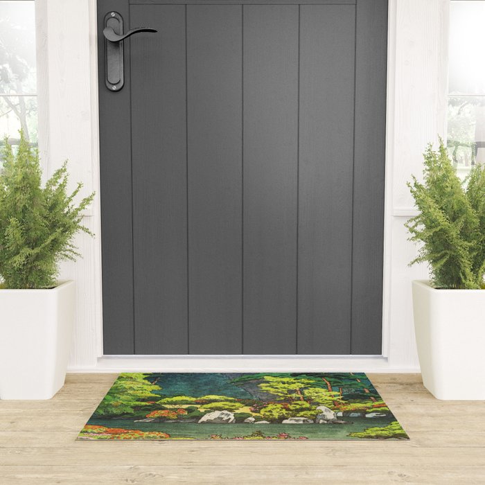Resting at Dogo - Nature Ukiyo Landscape in Green, Orange, Red & Blue Welcome Mat Gallery Image 3