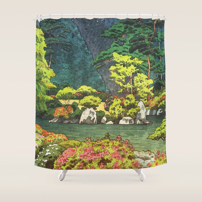 Resting at Dogo - Nature Ukiyo Landscape in Green, Orange, Red & Blue Shower Curtain Gallery Image 1
