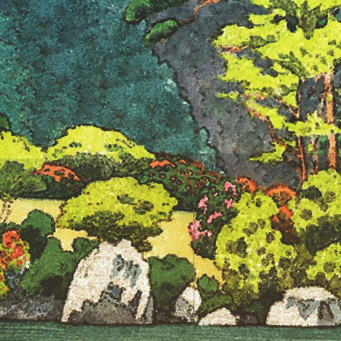 Resting at Dogo - Nature Ukiyo Landscape in Green, Orange, Red & Blue Coffee Mug Gallery Image 2