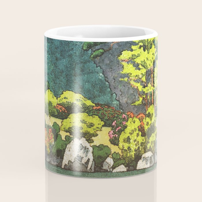Resting at Dogo - Nature Ukiyo Landscape in Green, Orange, Red & Blue Coffee Mug Gallery Image 4