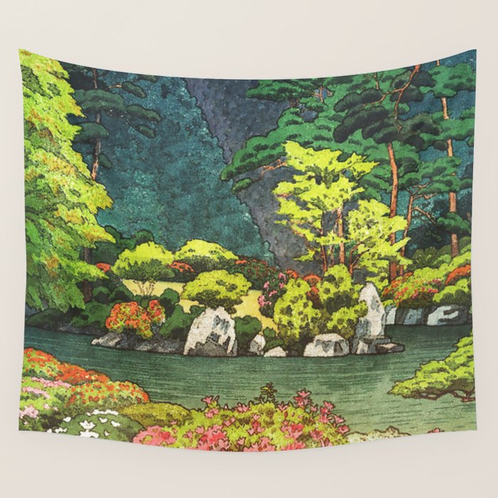 Resting at Dogo - Nature Ukiyo Landscape in Green, Orange, Red & Blue Wall Tapestry Gallery Image 4