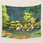 Resting at Dogo - Nature Ukiyo Landscape in Green, Orange, Red & Blue Wall Tapestry Gallery Image 4