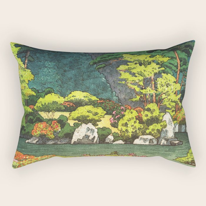 Resting at Dogo - Nature Ukiyo Landscape in Green, Orange, Red & Blue Rectangular Pillow Gallery Image 1