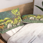 Resting at Dogo - Nature Ukiyo Landscape in Green, Orange, Red & Blue Pillow Sham Gallery Image 2